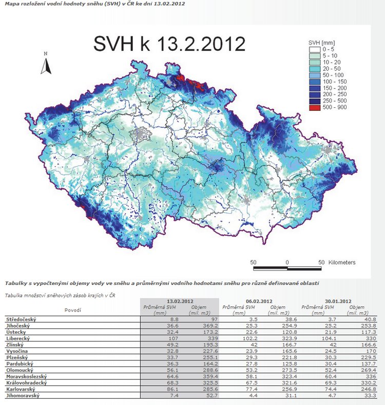 Obrázek – Ukázka grafického a tabelárního vyhodnoceného rozložení množství vody ve sněhové pokrývce 