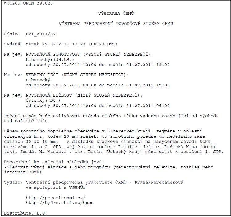 Obrázek – Příklad předpovědní výstražné informace ČHMÚ 